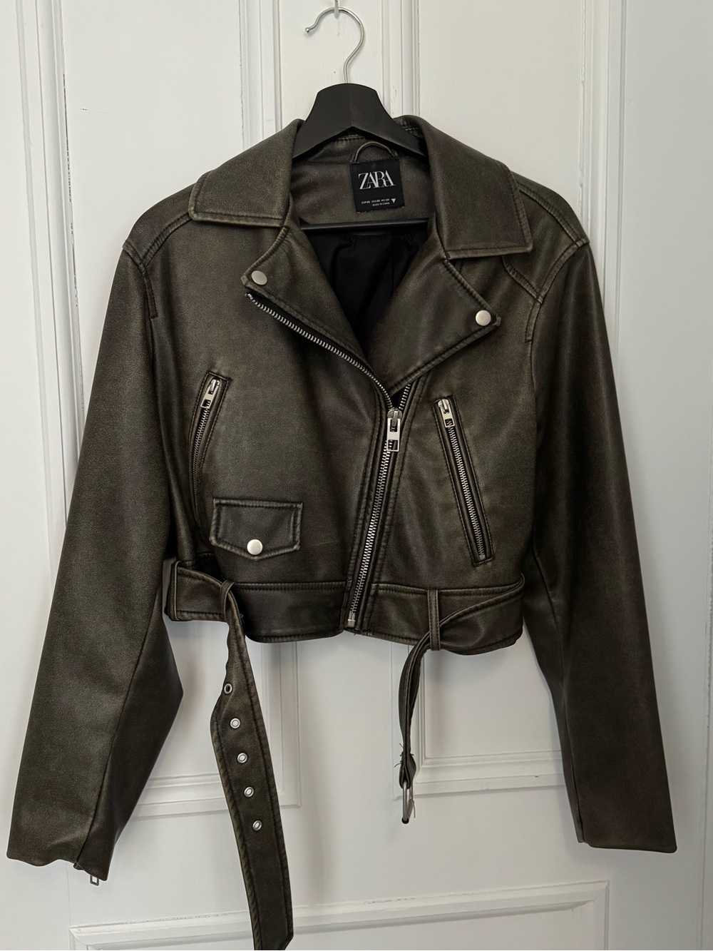 Zara Olive Faux Leather Cropped Biker Jacket with Belt